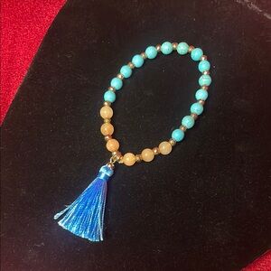 Turquoise and Gold Beaded Bracelet with Blue Tassel